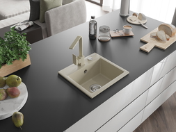 Mexen Milo virtuvės granito plautuvė su viena kameră ir virtuvės maišytuvu Rita, smėlio spalvos - 6505-69-670300-69