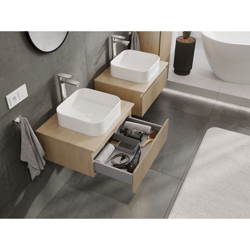 Mexen Rivel vonios kambario spintelė po praustuvu 60 cm, su stalviršiu, 1 stalčius, rifliuotas, ąžuolas - 91A20-06023-1-BFC81