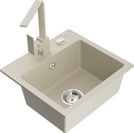 Mexen Milo virtuvės granito plautuvė su viena kameră ir virtuvės maišytuvu Rita, smėlio spalvos - 6505-69-670300-69