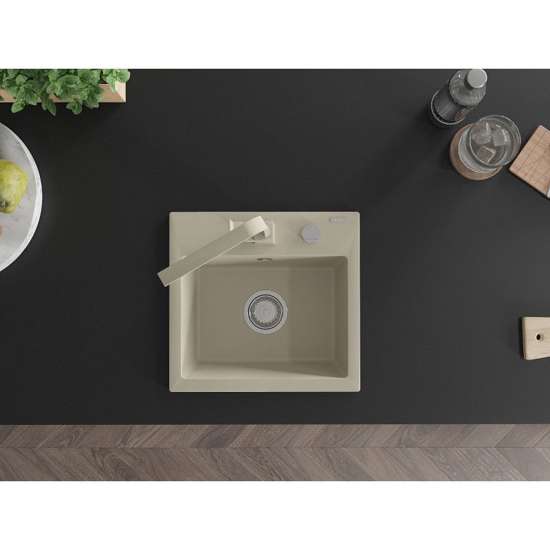 Mexen Milo virtuvės granito plautuvė su viena kameră ir virtuvės maišytuvu Rita, smėlio spalvos - 6505-69-670300-69