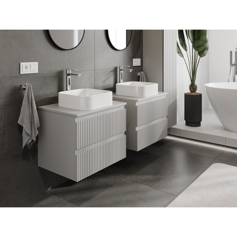 Mexen Rivel vonios kambario spintelė po praustuve 60 cm su stalviršiu, 2 stalčiai, rifliuota, pilkai matinė