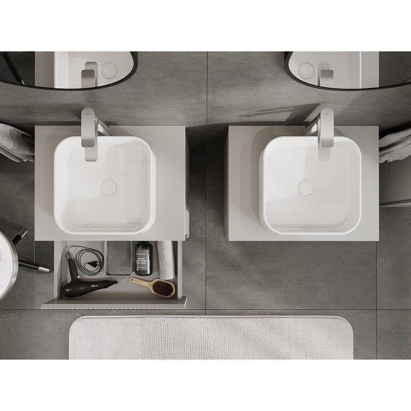 Mexen Rivel vonios kambario spintelė po praustuve 60 cm su stalviršiu, 2 stalčiai, rifliuota, pilkai matinė