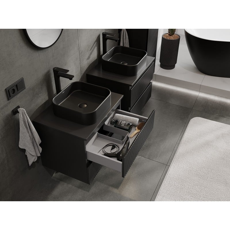 Mexen Rivel vonios kambario spintelė po praustuvu 60 cm su stalviršiu, 2 stalčiai, rifliuota, juoda matinė