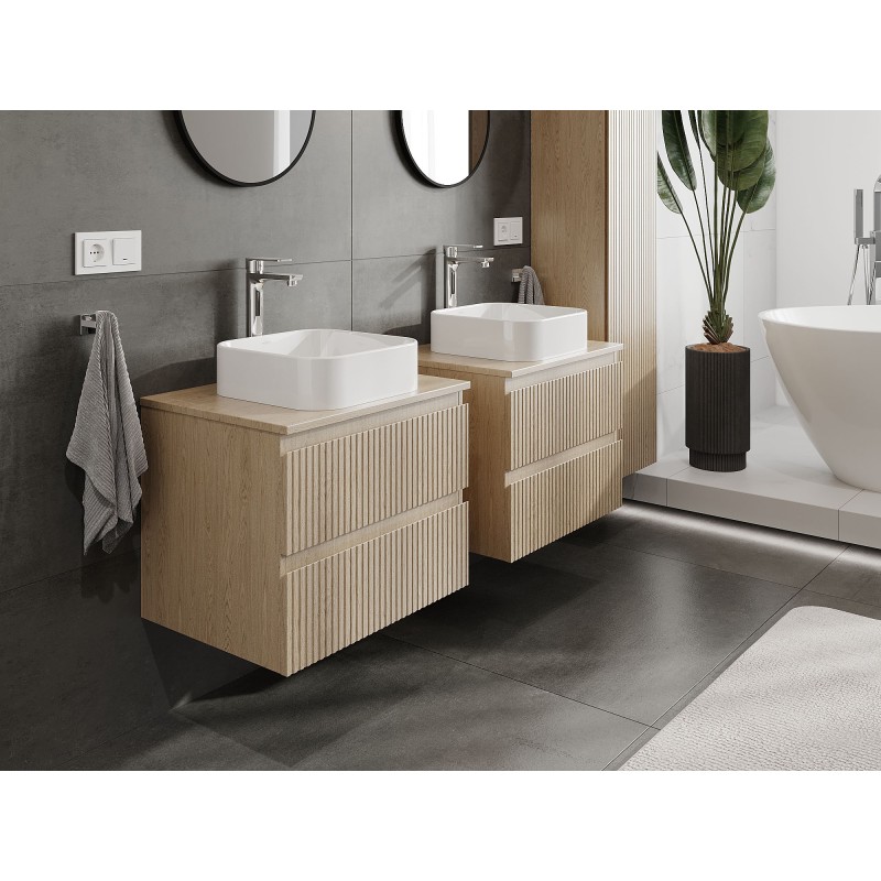 Mexen Rivel vonios kambario spintelė po praustuvu 60 cm su stalviršiu, 2 stalčiai, rifliuota, ąžuolas - 91A20-06047-2-BFFC81