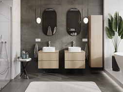 Mexen Rivel vonios kambario spintelė po praustuvu 60 cm su stalviršiu, 2 stalčiai, rifliuota, ąžuolas - 91A20-06047-2-BFFC81