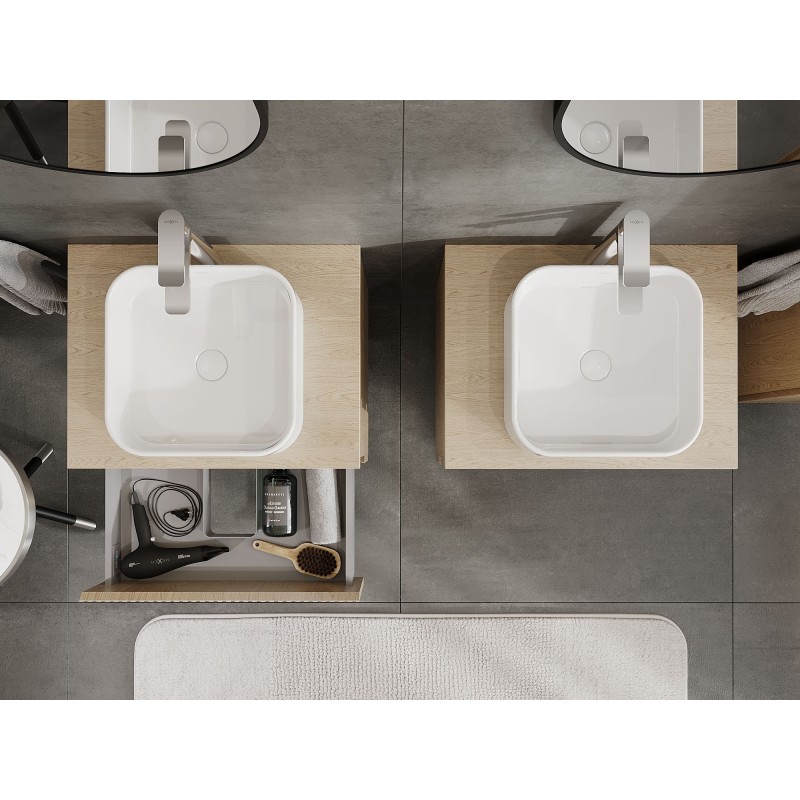 Mexen Rivel vonios kambario spintelė po praustuvu 60 cm su stalviršiu, 2 stalčiai, rifliuota, ąžuolas - 91A20-06047-2-BFFC81