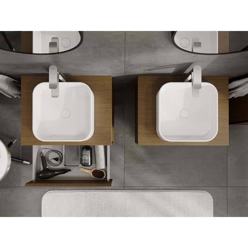 Mexen Rivel vonios kambario spintelė po praustuvu 60 cm su stalviršiu, 2 stalčiai, rifliuota, riešutas - 91A20-06047-2-BFFC86