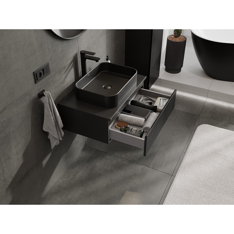 Mexen Rivel vonios spintelė po praustuvu 70 cm su stalviršiu, 1 stalčius, rifliuotas, juodas matinis - 91A20-07023-1-BFC71