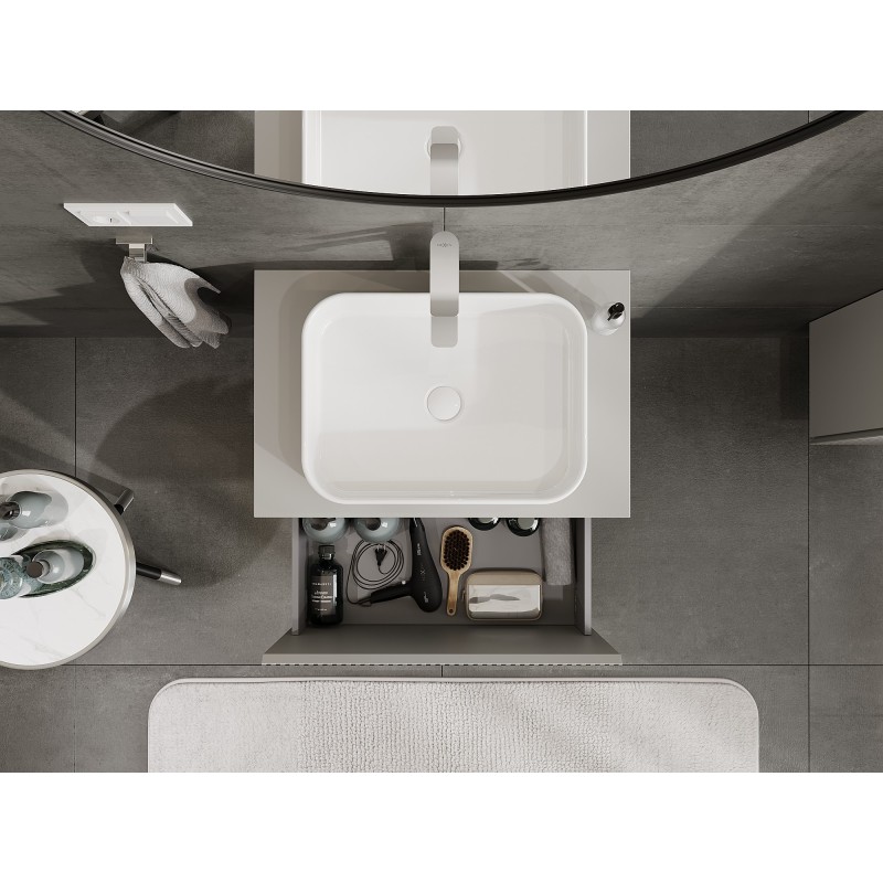 Mexen Rivel vonios kambario spintelė po kriaukle, 70 cm su stalviršiu, 1 stalčius, su grioveliais, pilka matinė