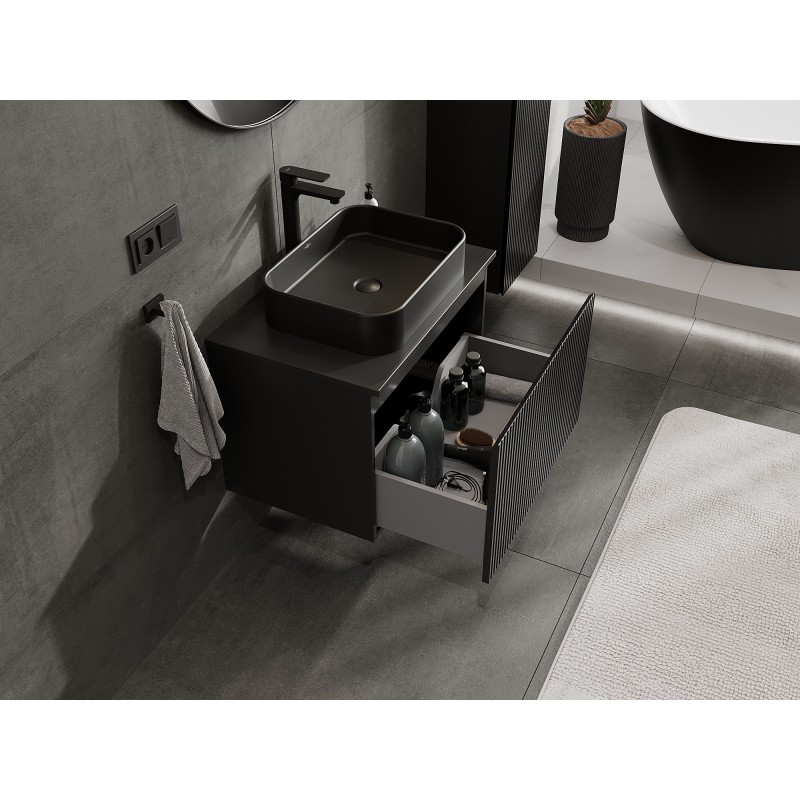 Mexen Rivel vonios kambario spintelė su stalviršiu, 70 cm, 1 stalčius, rifliuotas, juodas matinis - 91A20-07047-1-BFC71