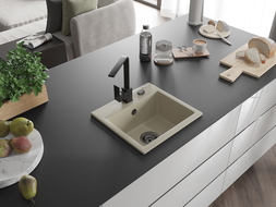 Mexen Milo granito kriauklė su viena plautuve ir virtuviniu maišytuvu Rita, smėlio - 6505-69-670300-70