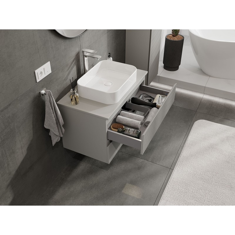 Mexen Rivel vonios spintelė po praustuvu 80 cm su stalviršiu, 2 stalčiai, grioveliais, pilka matinė - 91A20-08047-2-BFFC62