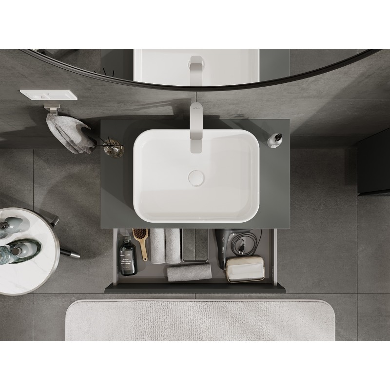 Mexen Rivel vonios spintelė po praustuvu 80 cm su stalviršiu, 2 stalčiai, grioveliais, matinė grafito spalva