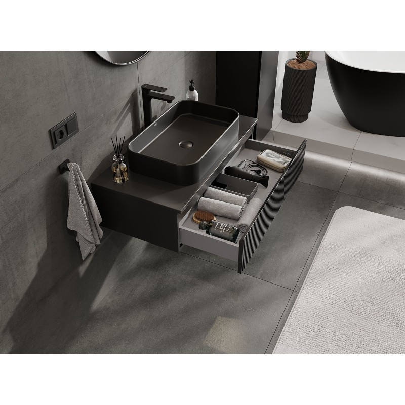 Mexen Rivel vonios spintelė po praustuvu 90 cm su stalviršiu, 1 stalčius, rifliuotas, juodas matinis - 91A20-09023-1-BFC71