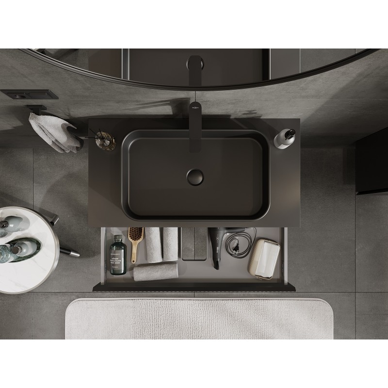 Mexen Rivel vonios spintelė po praustuvu 90 cm su stalviršiu, 1 stalčius, rifliuotas, juodas matinis - 91A20-09023-1-BFC71