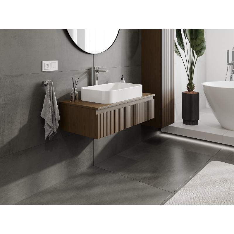 Mexen Rivel vonios kambario spintelė po kriaukle 90 cm su stalviršiu, 1 stalčius, rifliuota, riešutas - 91A20-09023-1-BFC86