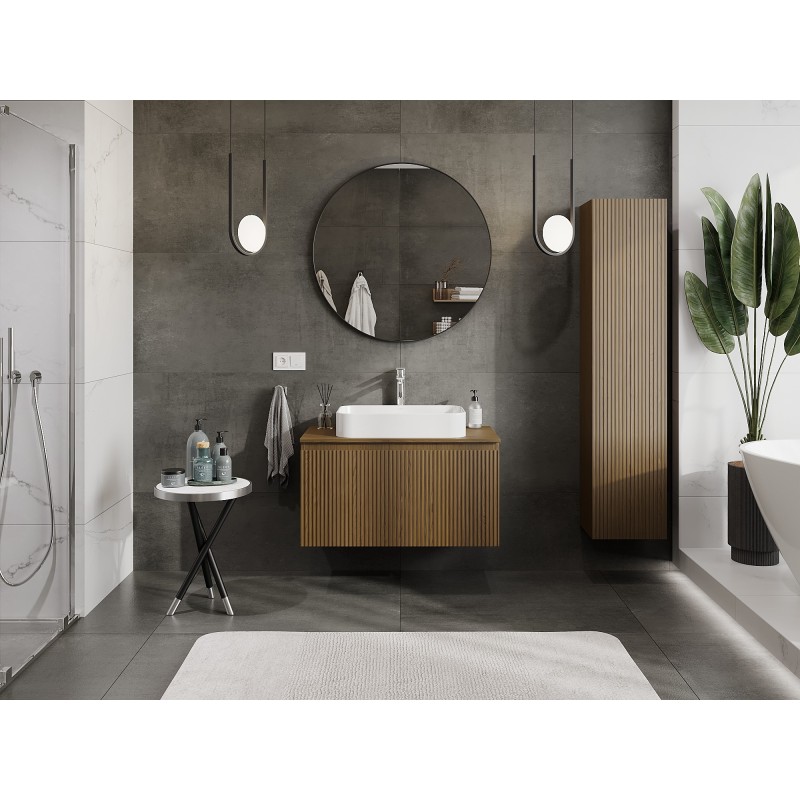 Mexen Rivel vonios spintelė po praustuvu 90 cm su stalviršiu, 1 stalčius, raižytas, riešutmedis - 91A20-09047-1-BFC86