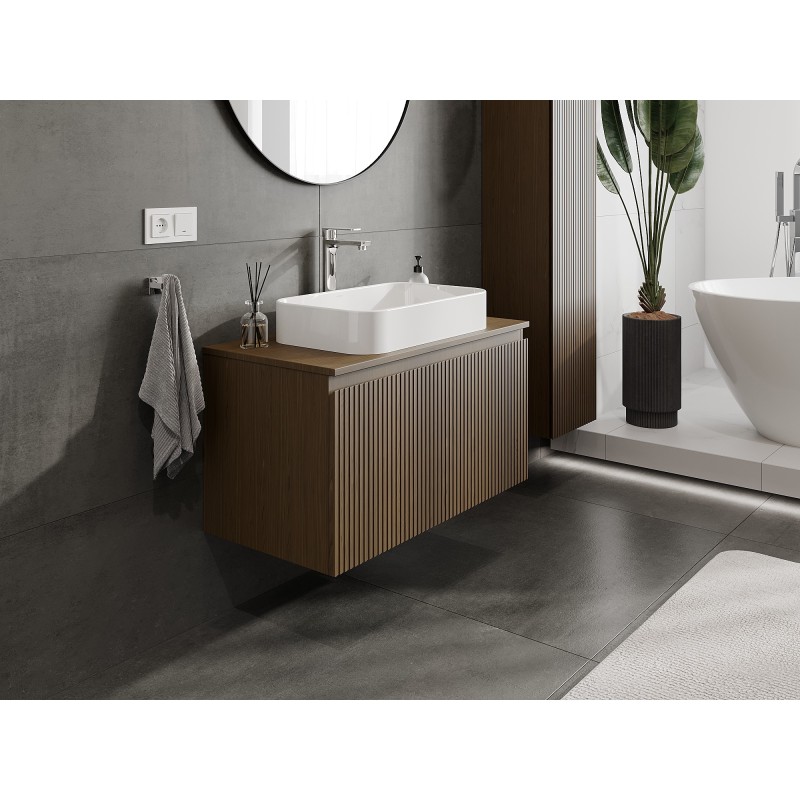 Mexen Rivel vonios spintelė po praustuvu 90 cm su stalviršiu, 1 stalčius, raižytas, riešutmedis - 91A20-09047-1-BFC86