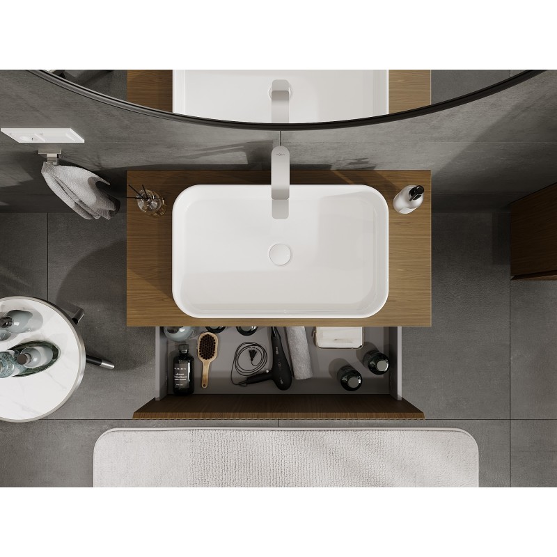 Mexen Rivel vonios spintelė po praustuvu 90 cm su stalviršiu, 1 stalčius, raižytas, riešutmedis - 91A20-09047-1-BFC86