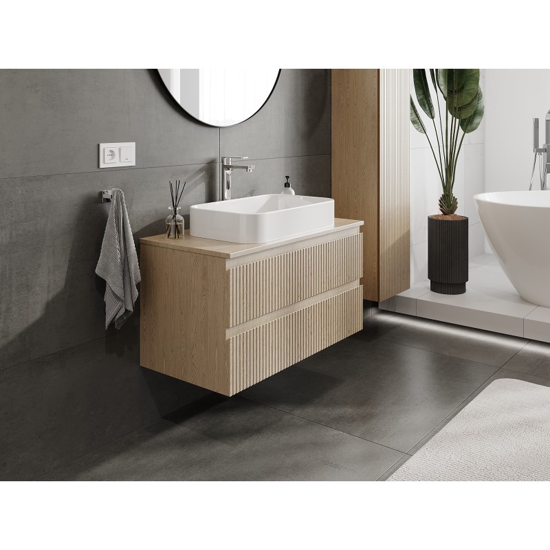 Mexen Rivel vonios spintelė po praustuvu 90 cm su stalviršiu, 2 stalčiai, rifliuota, ąžuolo - 91A20-09047-2-BFFC81