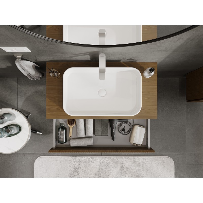 Mexen Rivel vonios kambario spintelė po praustuvu 90 cm su stalviršiu, 2 stalčiai, rifliuota, riešutas - 91A20-09047-2-BFFC86