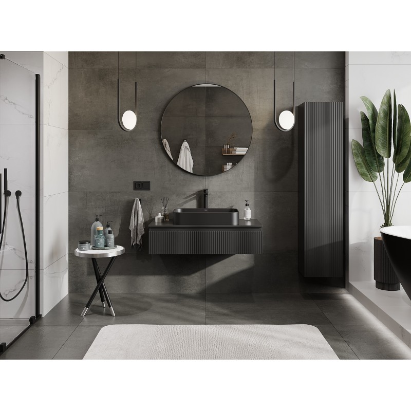 Mexen Rivel vonios kambario spintele po kriaukle 100 cm su stalviršiu, 1 stalčius, raižyta, juoda matinė