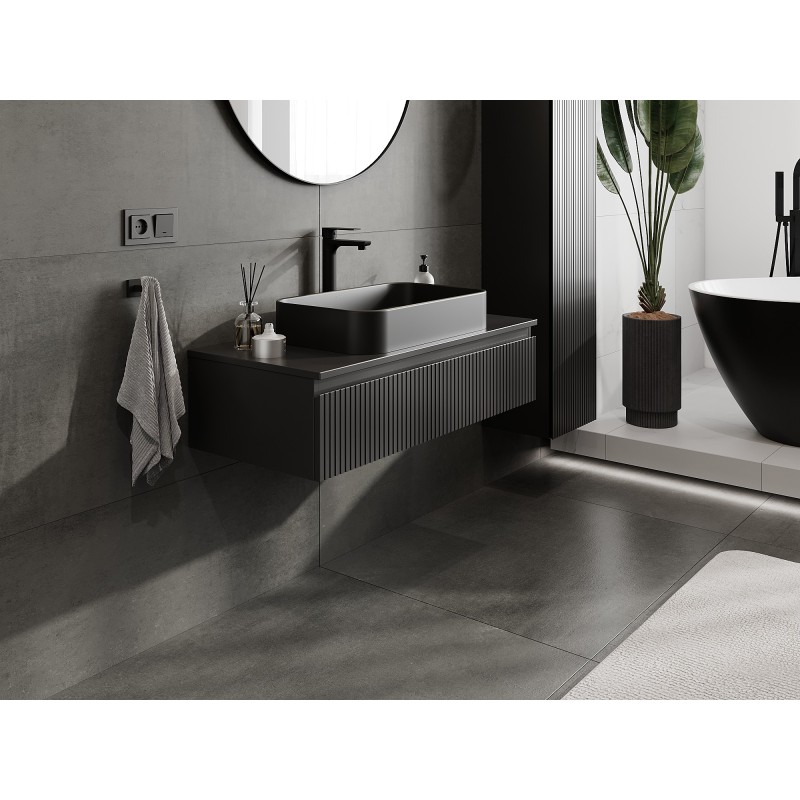 Mexen Rivel vonios kambario spintele po kriaukle 100 cm su stalviršiu, 1 stalčius, raižyta, juoda matinė