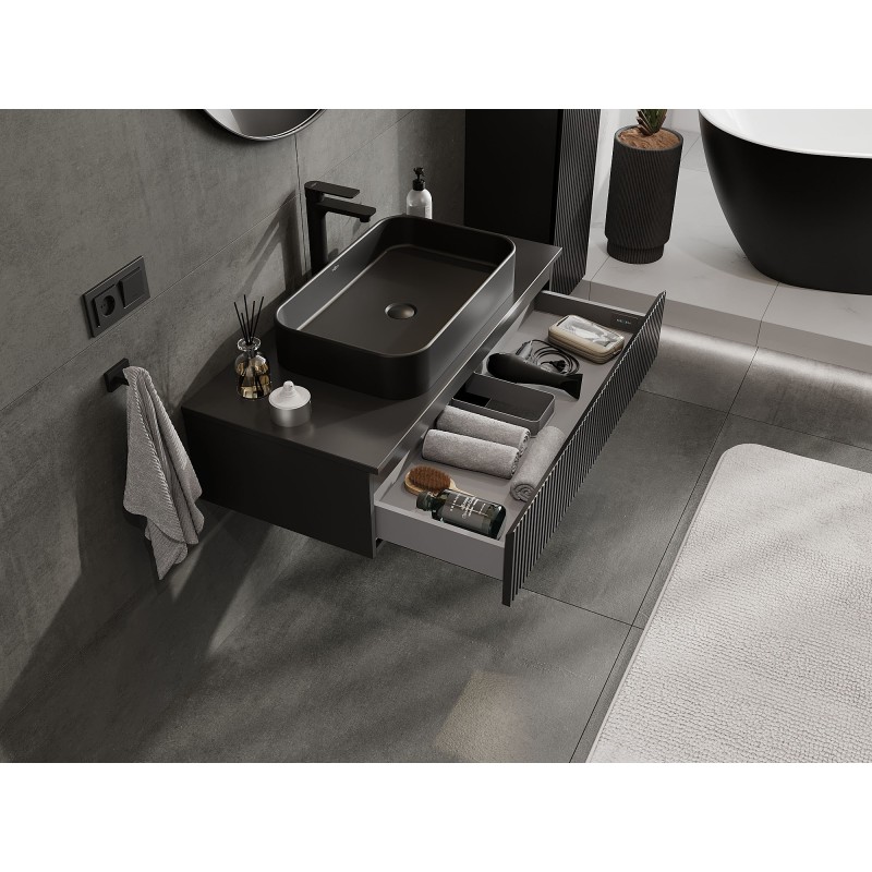 Mexen Rivel vonios kambario spintele po kriaukle 100 cm su stalviršiu, 1 stalčius, raižyta, juoda matinė