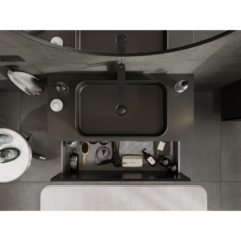 Mexen Rivel vonios spintelė po kriaukle 100 cm su stalviršiu, 1 stalčius, vagotas, juodas matinis - 91A20-10047-1-BFC71