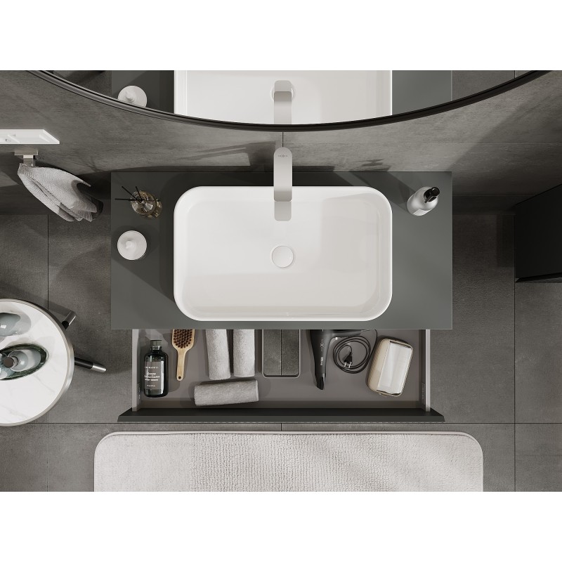 Mexen Rivel vonios kambario spintelė po praustuvu 100 cm su stalviršiu, 2 stalčiai, rifliuota, grafito matinė