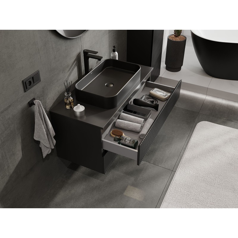 Mexen Rivel vonios spintelė po praustuvu 100 cm su stalviršiu, 2 stalčiai, rifliuota, juoda matinė - 91A20-10047-2-BFFC71