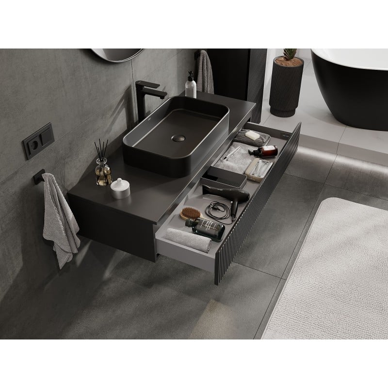 Mexen Rivel vonios kambario spintelė po praustuvu 120 cm su stalviršiu, 1 stalčius, rifliuota, juoda matinė