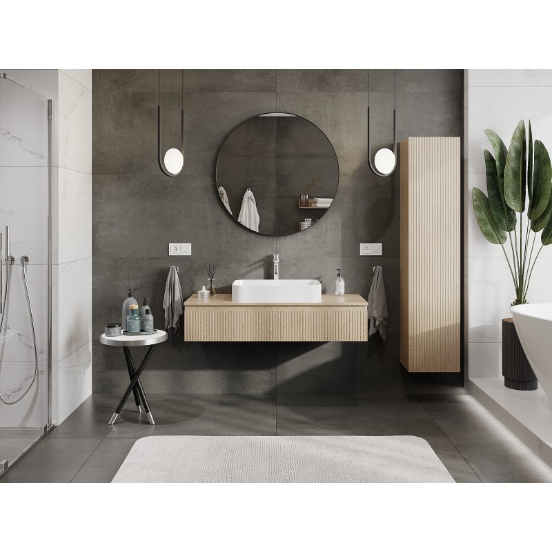 Mexen Rivel vonios kambario spintelė po praustuvu 120 cm su stalviršiu, 1 stalčius, rifliuota, ąžuolas - 91A20-12023-1-BFC81