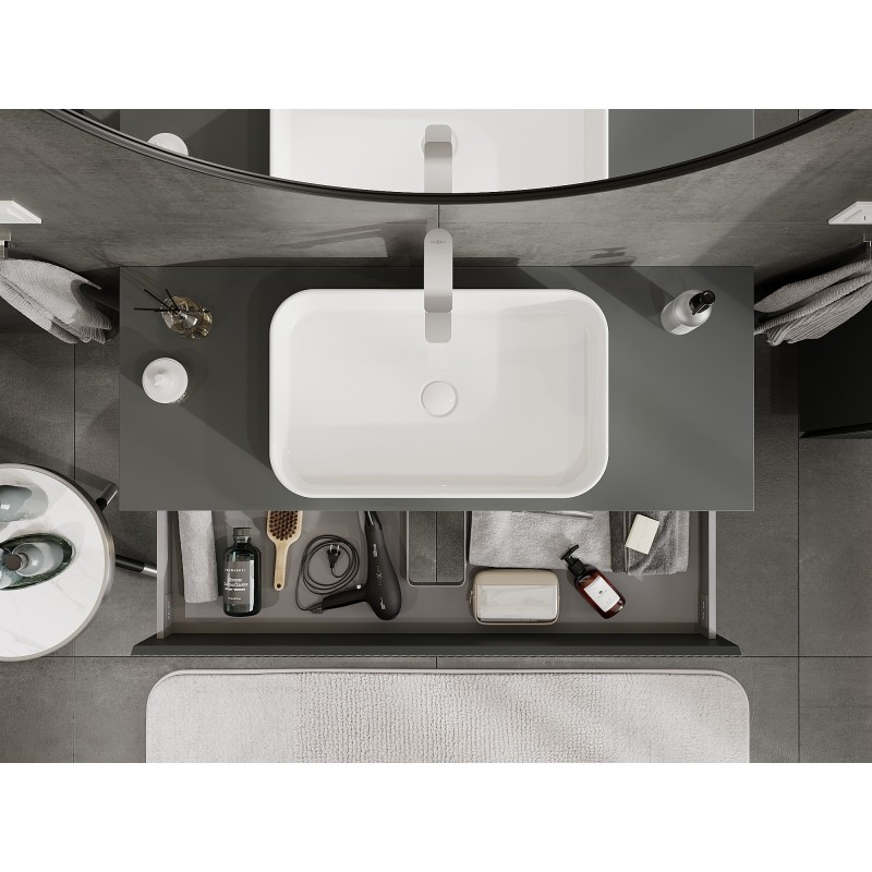 Mexen Rivel vonios kambario spintelė po kriaukle 120 cm su stalviršiu, 2 stalčiai, rifliuota, matinė grafito spalva