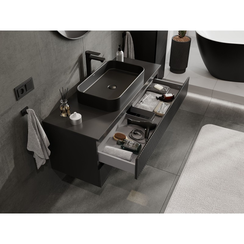 Mexen Rivel vonios spintelė po praustuvu 120 cm su stalviršiu, 2 stalčiai, grioveliuota, juoda matinė - 91A20-12047-2-BFFC71