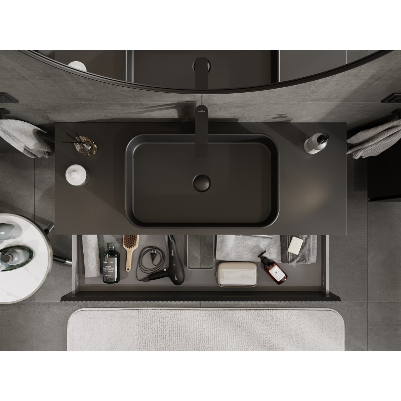 Mexen Rivel vonios spintelė po praustuvu 120 cm su stalviršiu, 2 stalčiai, grioveliuota, juoda matinė - 91A20-12047-2-BFFC71