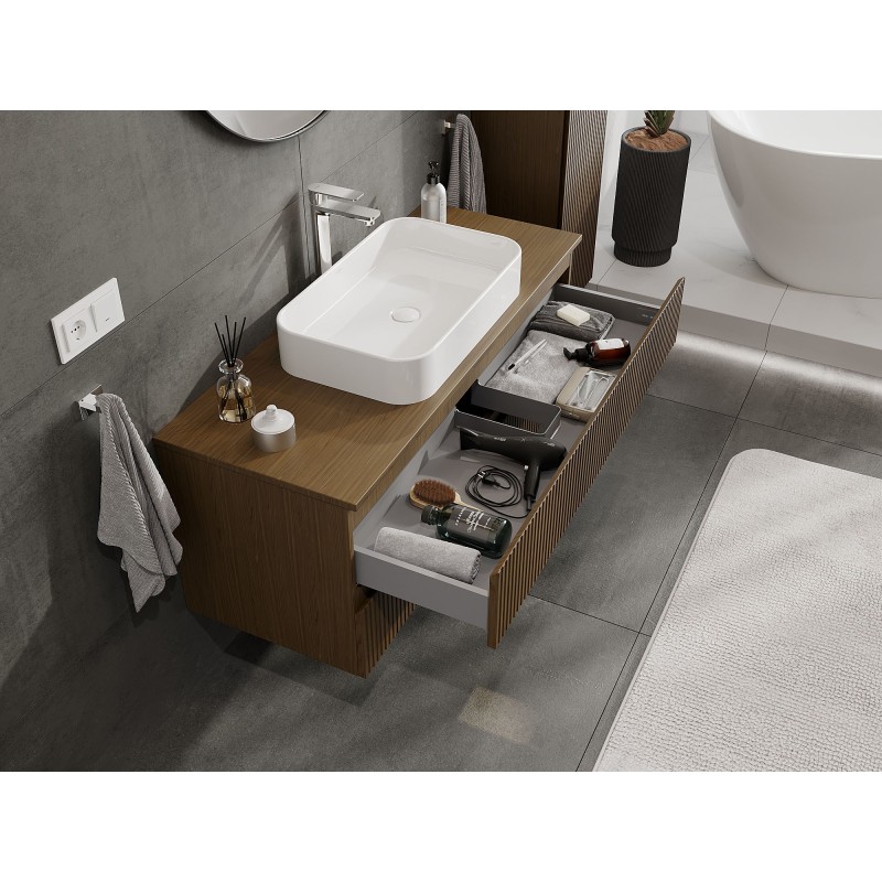 Mexen Rivel vonios kambario spintelė po praustuvu 120 cm su stalviršiu, 2 stalčiai, rifliuota, riešutas - 91A20-12047-2-BFFC86