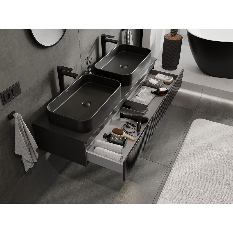 Mexen Rivel vonios spintelė po praustuvu 140 cm su stalviršiu, 1 stalčius, rifliuota, juoda matinė - 91A20-14023-1-BFC71