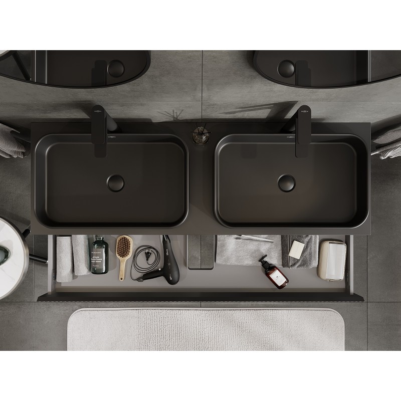 Mexen Rivel vonios spintelė po praustuvu 140 cm su stalviršiu, 1 stalčius, rifliuota, juoda matinė - 91A20-14023-1-BFC71