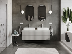 Mexen Rivel vonios kambario spintelė po praustuvu 140 cm su stalviršiu, 2 stalčiais, su grioveliais, pilka matinė