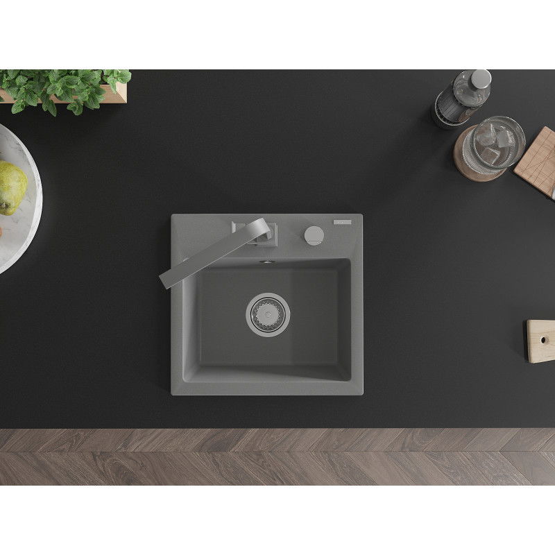 Mexen Milo granitinis vienos plokštės plautuvas su virtuvės maišytuvu Rita, pilkas - 6505-71-670300-71