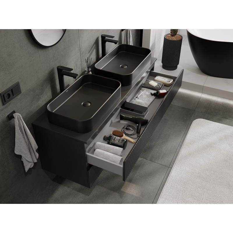 Mexen Rivel vonios kambario spintelė po praustuvu 140 cm su stalviršiu, 2 stalčiai, rifliuota, juoda matinė