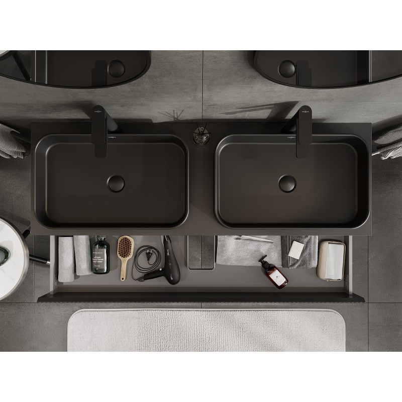 Mexen Rivel vonios kambario spintelė po praustuvu 140 cm su stalviršiu, 2 stalčiai, rifliuota, juoda matinė