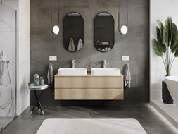 Mexen Rivel vonios kambario spintelė po praustuvu 140 cm su stalviršiu, 2 stalčiai, rifliuota, ąžuolo - 91A20-14047-2-BFFC81