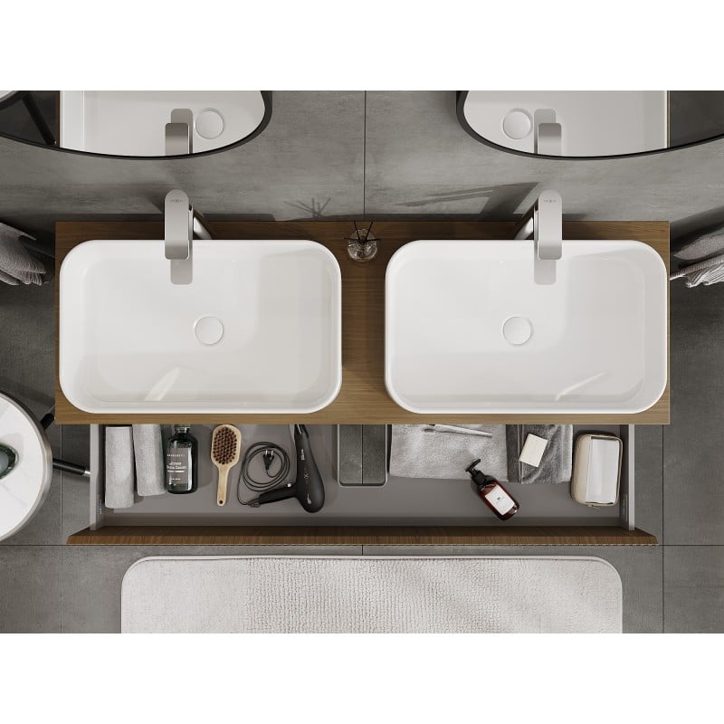 Mexen Rivel vonios spintelė po praustuvu 140 cm su stalviršiu, 2 stalčiais, briaunuota, riešutas - 91A20-14047-2-BFFC86