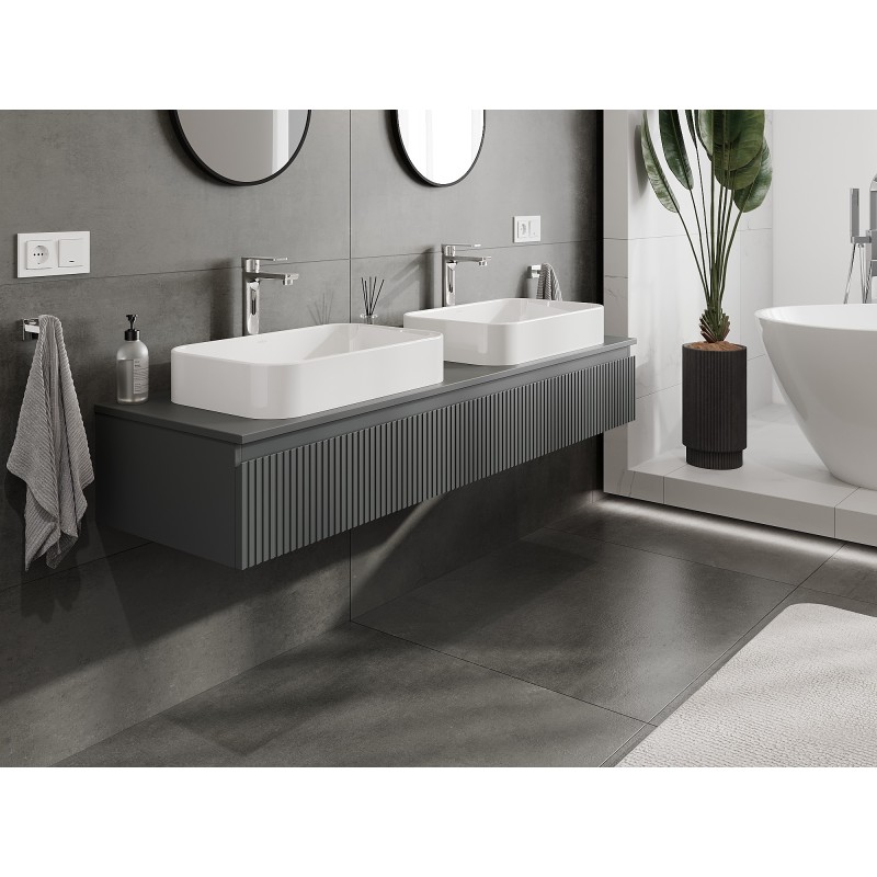 Mexen Rivel vonios kambario spintelė po praustuvu, 160 cm su stalviršiu, 1 stalčius, rifliuota, matinė grafito spalva