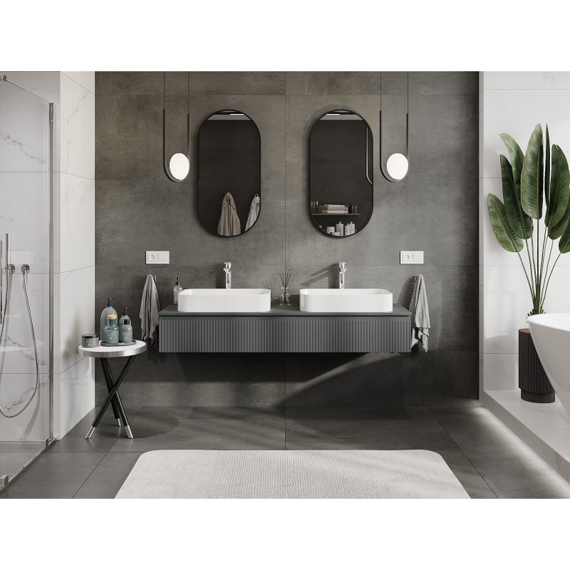 Mexen Rivel vonios kambario spintelė po praustuvu, 160 cm su stalviršiu, 1 stalčius, rifliuota, matinė grafito spalva