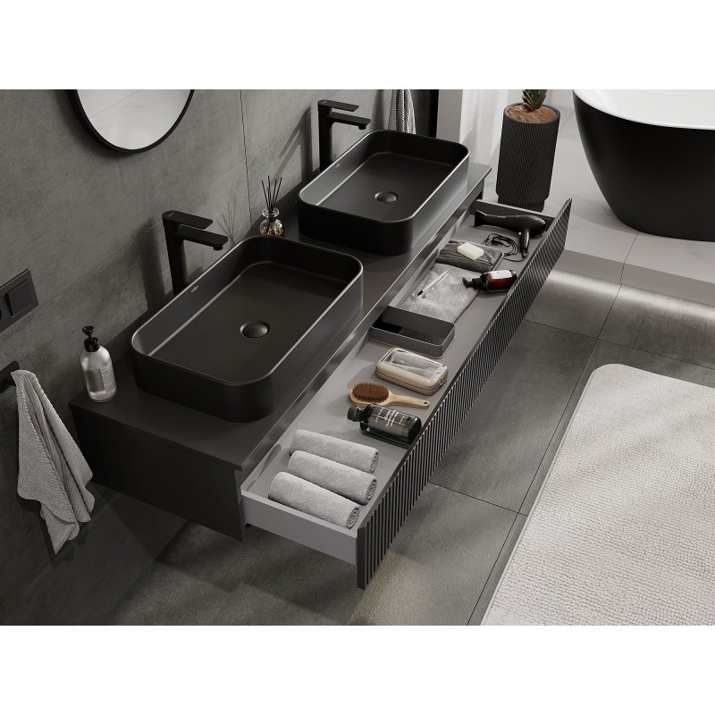 Mexen Rivel vonios spintelė po praustuvu 160 cm su stalviršiu, 1 stalčius, rifliuotas, juodas matinis - 91A20-16023-1-BFC71