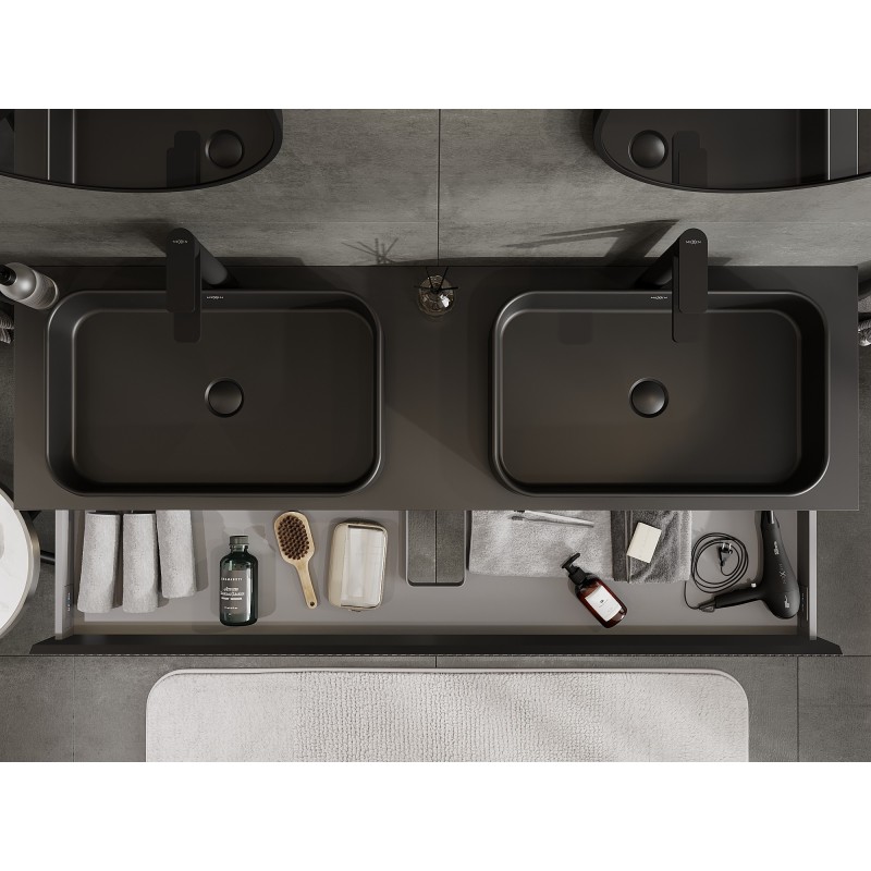 Mexen Rivel vonios spintelė po praustuvu 160 cm su stalviršiu, 1 stalčius, rifliuotas, juodas matinis - 91A20-16023-1-BFC71