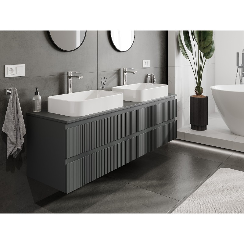 Mexen Rivel vonios kambario spintelė po praustuvu 160 cm su stalviršiu, 2 stalčiai, rifliuota, matinė grafito spalva